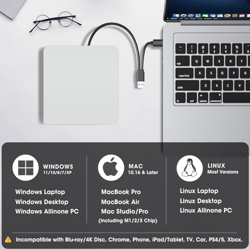 ROOFULL External CD DVD Drive for Mac Laptop, USB 3.0 & USB-C Portable CD Reader Writer Burner DVD Player ROM+/-RW Disc Drive with Carrying Case for Apple MacBook Windows 11 PC Computer, White - Image 4