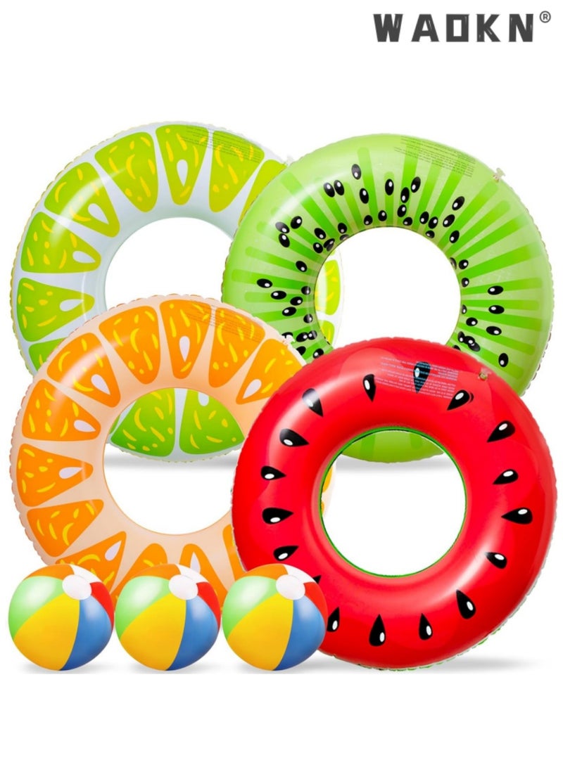 دبليو أيه أو كي أن 7pcs الفاكهة نفخ حمام السباحة عائمات مجموعة، 4pcs ما قبل التضخم 90cmسميكة الفاكهة حلقات السباحة البطيخ كيوي برتقال الليمون، 3pcs 24CM نفخ كرات الشاطئ، صديقة للبيئة PVC الصيف الماء العائمات لعب للأطفال الكبار شاطئ حمام السباحة حزب - Image 1