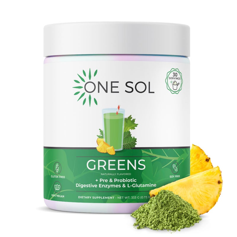 One Sol Greens Super Greens Powder to Reduce Bloating Improve Gut Health Superfood Fresh Bloom Organic Greens Blend Juice Smoothie Mix Pre Probiotic with Digestive Enzymes Vegan Soy Free