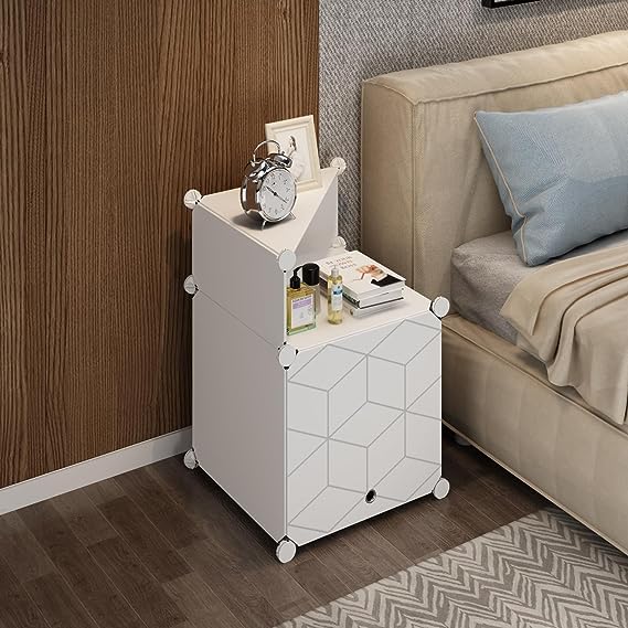 HOME CUBE Pvc, Metal Portable Bed Side Table Unit Shelf Cabinet Space End Table Nightstand Alarm Vase Creative Storage Organizer Diy - White - Image 3
