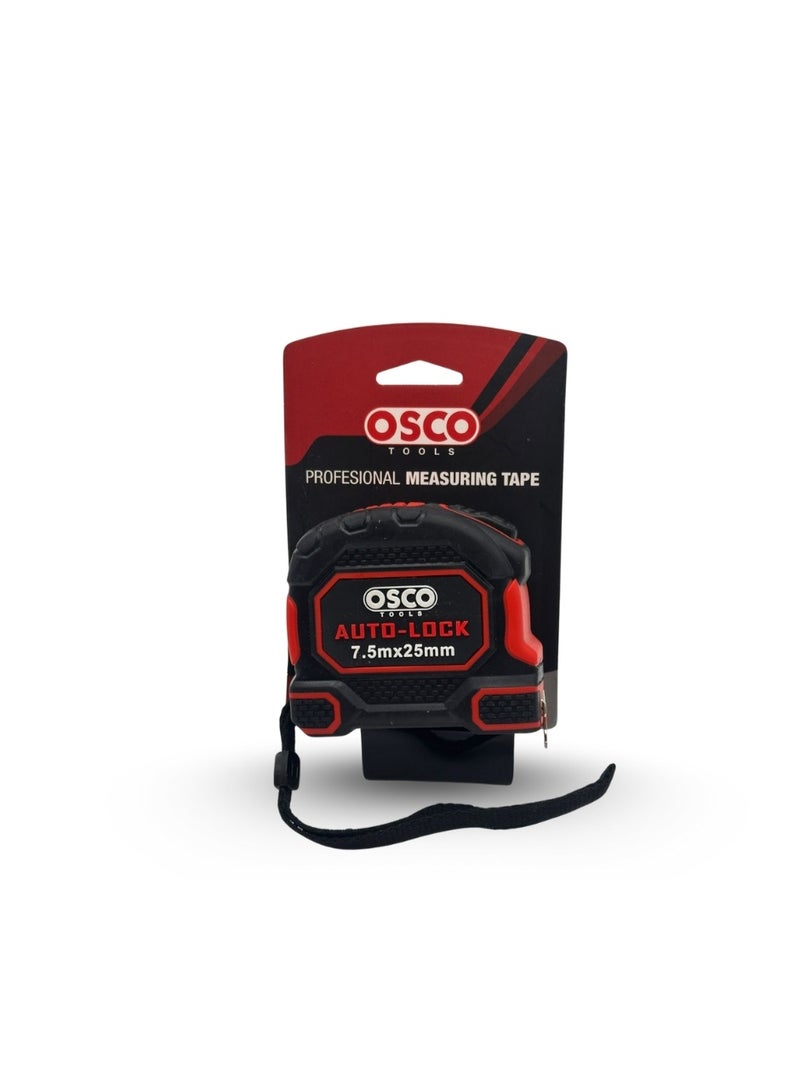 OSCO-TOOLS OSCO 7.5-Meter Rubber-Coated Measuring Tape, Heavy-Duty Non-Slip Design with Metal Clip and Lock Button for Accurate Measurements, Ideal for Construction, Carpentry, and Workshop Use.