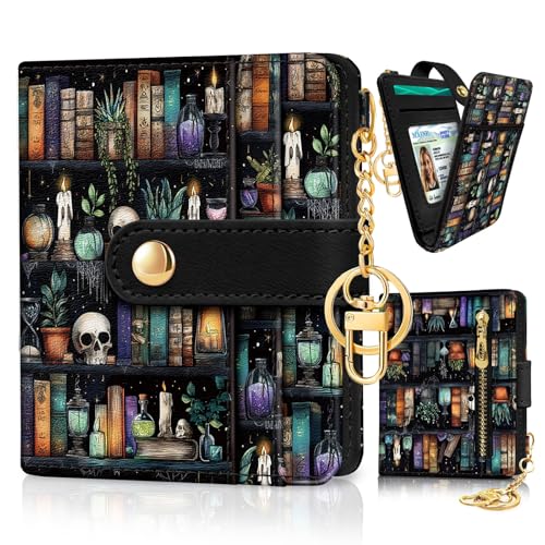 Jogjam Bookshelf and Skull Goth Gothic Skeleton Rfid Women Wallet, Small Slim Thin Compact Travel Credit Card Wallet, PU Leather Bifold Cash Wallet, Zipper Coin Pocket ID Window, Female Ladies Gifts - Image 1