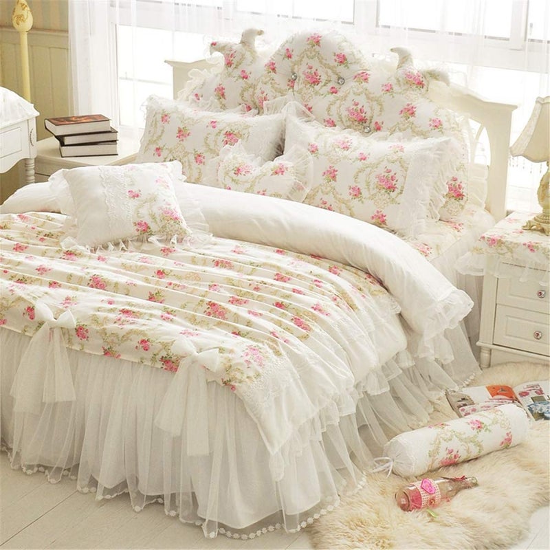 LELVA LELVA Girls Bedding Set Lace Ruffle Duvet Cover Sets with Bed Skirt Princess Bedding Set Vintage Floral Print Duvet Cover Twin Size 4 Piece Twin White 