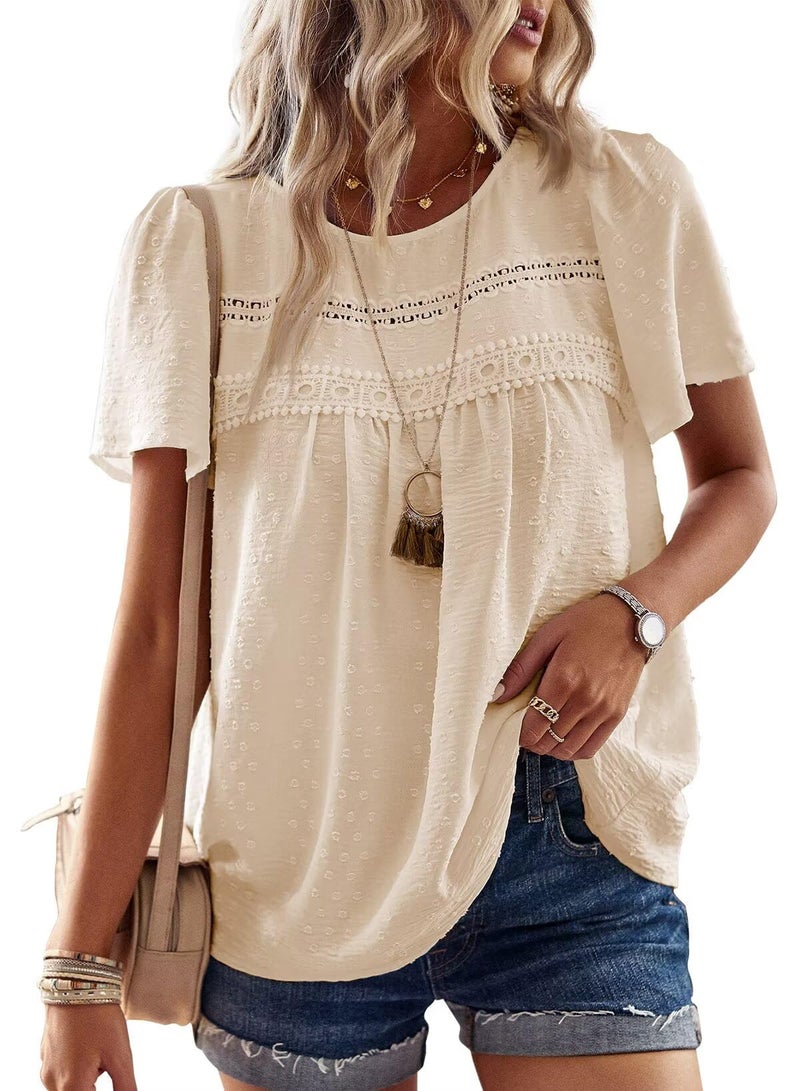 Falechay Cute Tops for Women Lace Pom Pom Babydoll Flowy Maternity Blouses Boho Round Neck Tunic Short Sleeve Girls Loose Apricot S - Image 1