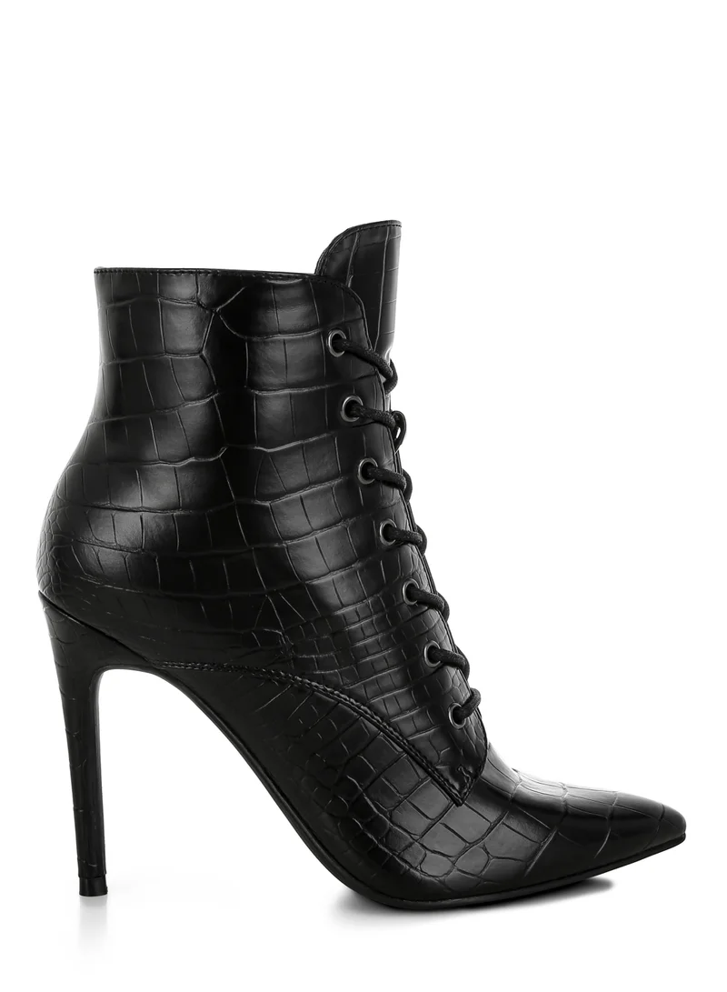 Croc Lace-Up Stiletto Boot in Black