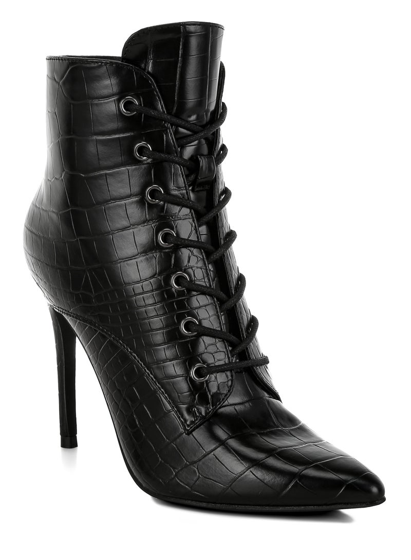 London Rag Croc Lace-Up Stiletto Boot in Black - Image 2
