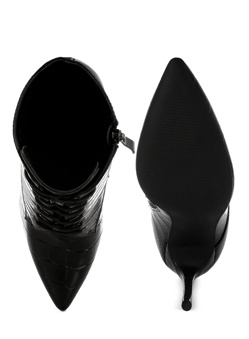 London Rag Croc Lace-Up Stiletto Boot in Black - Image 4
