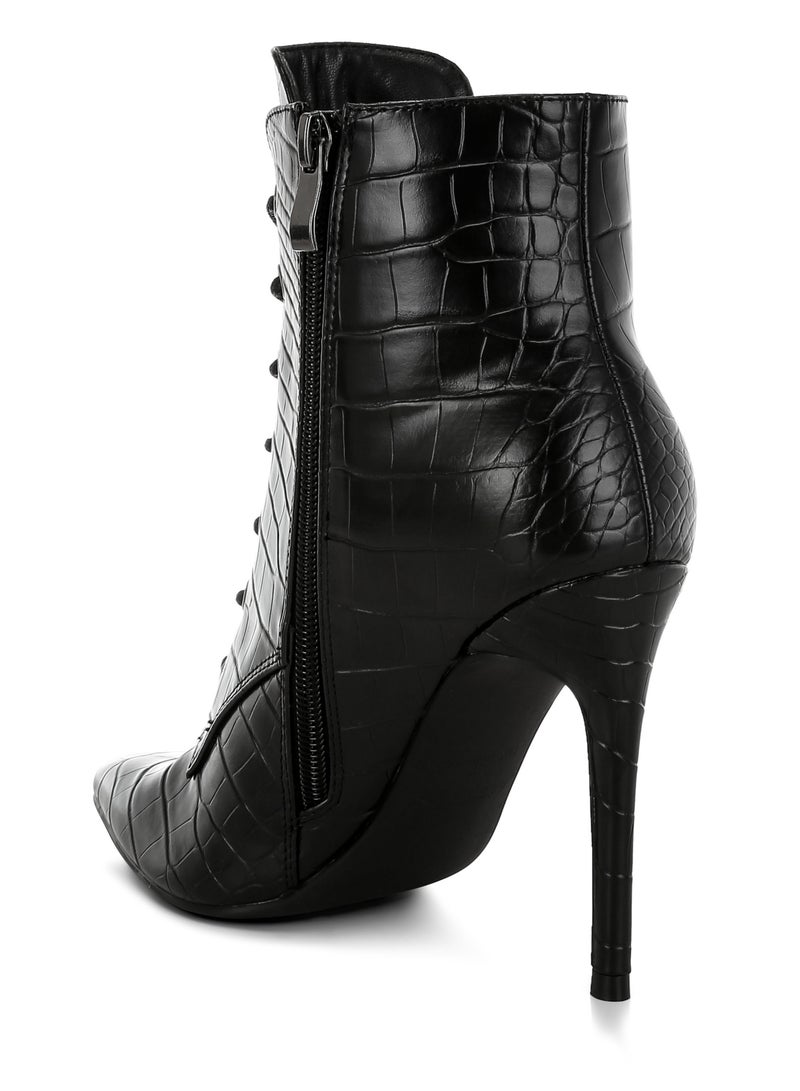 London Rag Croc Lace-Up Stiletto Boot in Black - Image 3