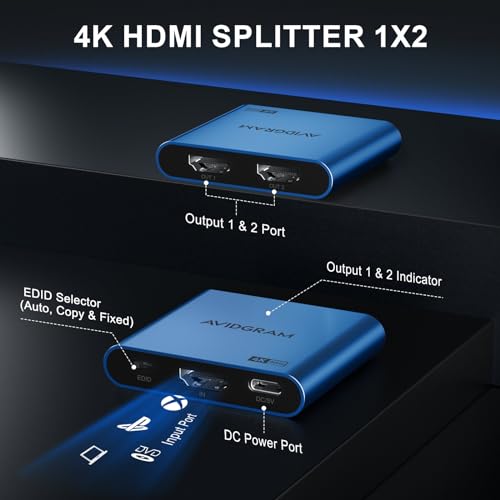 AVIDGRAM HDMI Splitter 1 in 2 Out 4K, AVIDGRAM HDMI 2 Port Splitter with Auto, Copy, and Fixed Mode for Dual Identical Display, Compatible with Xbox, PS4 Pro, PS5 (Blue) - Image 5
