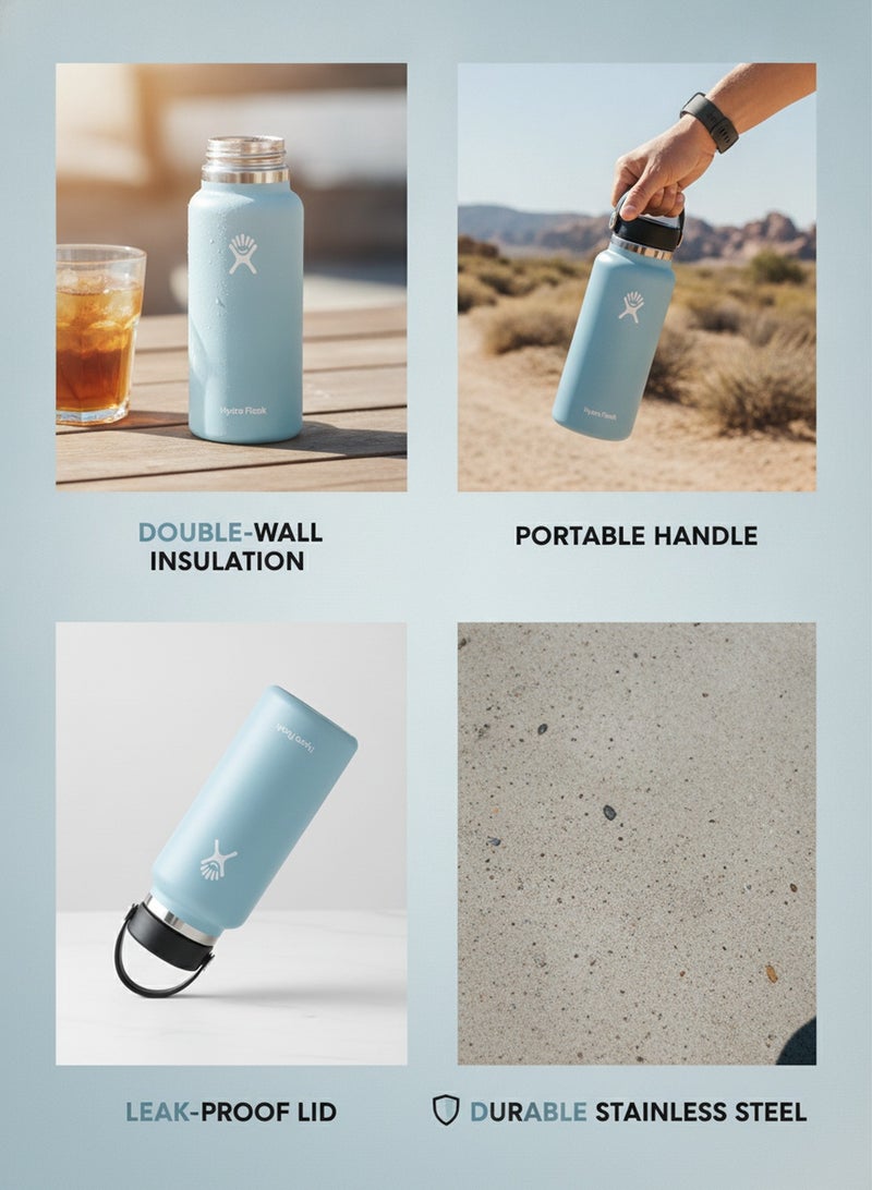 Hydro Flask Wide Mouth Water Bottle 946ml Double Wall Vacuum Insulated 18/8 Stainless Steel Tumbler Flex Cap with Rubber Carry Handle Keeps Cold 24H Hot 12H Leakproof Flask for Camping Hiking Gym Yoga Outdoor Travel Matte Multi Colors - Image 2