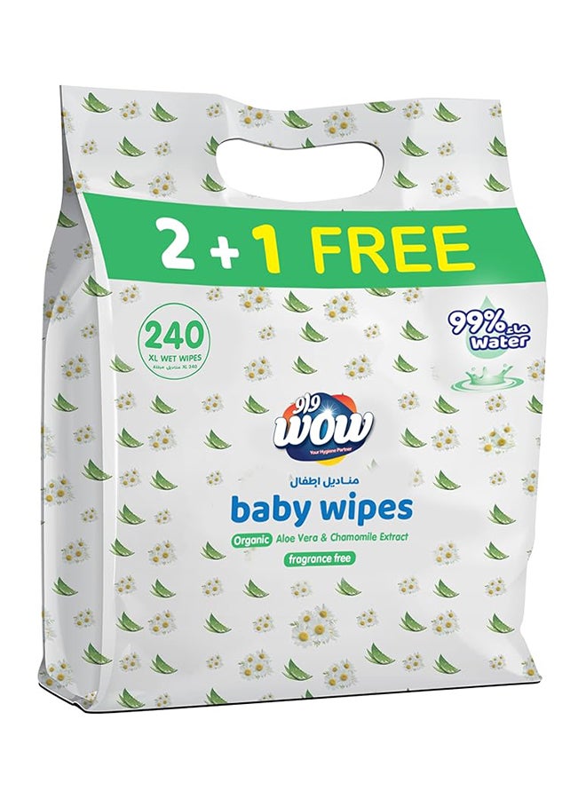 WOW Baby Wipes - Fragrance Free 99% Water Wipes | Extra Thick Long Wipes with Organic Aloe Vera, Chamomile Extract and Vitamin E, Gentle on sensitive skin| 80's (2 + 1) value pack | 240 Wipes - Image 1