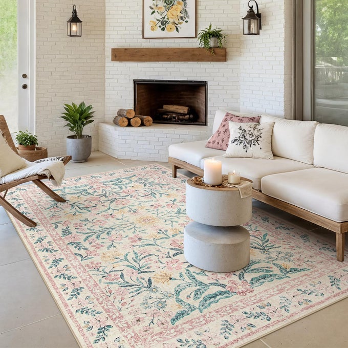 FLORAL PINK RUGS FOR BEDROOM GIRLS WASHABLE 5X7 LARGE AREA RUG FOR LIVING ROOM NON SLIP VINTAGE LOWPILE INDOOR FLOOR BOHO FLOWER CARPET FOR KIDS NURSERY PLAYROOM LIGHT PINKGREEN
