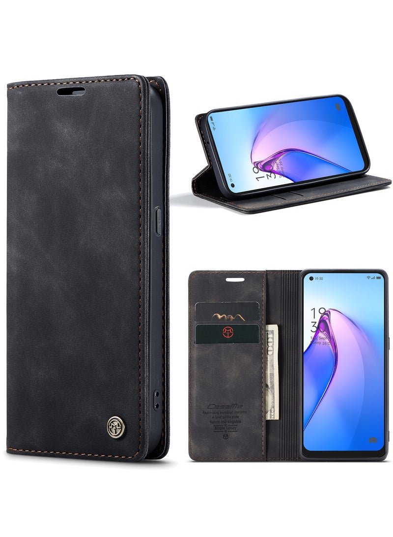 CaseMe Oppo Reno 8 5G Case Wallet Case Book Folding Flip Folio Case with Magnetic Kickstand Card Slots Protective Cover - Black - Image 1