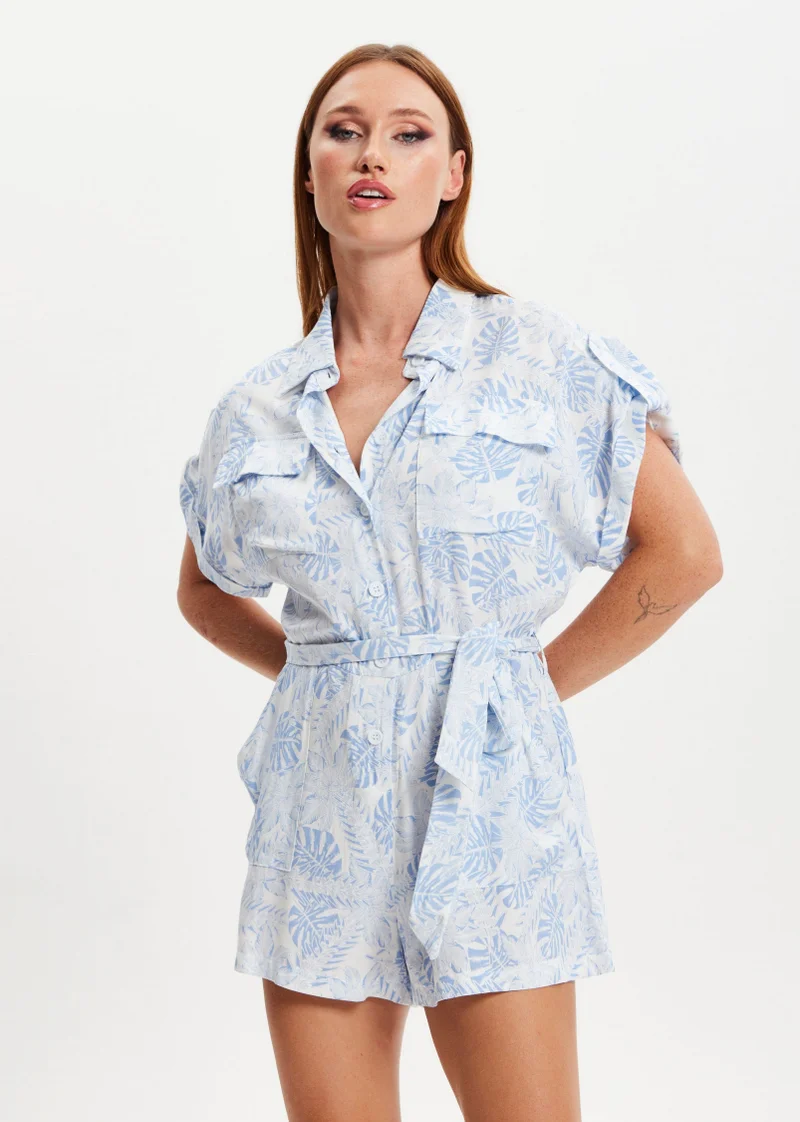 Liquorish  Blue Leaf Printed Playsuit for Women | Best Price UAE