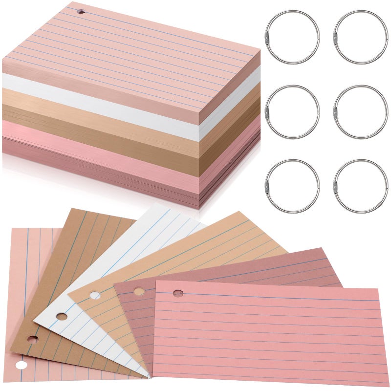 Epakh 300 Pieces Back to School Index Cards 180 GSM Thick Flash Cards with Rings Punched Index Cards Flashcards on a Ring Ruled Note Cards for Adults Home(3 x 5 Inch,Dark Pink Brown Series) - Image 1