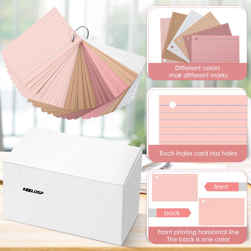 Epakh 300 Pieces Back to School Index Cards 180 GSM Thick Flash Cards with Rings Punched Index Cards Flashcards on a Ring Ruled Note Cards for Adults Home(3 x 5 Inch,Dark Pink Brown Series) - Image 3