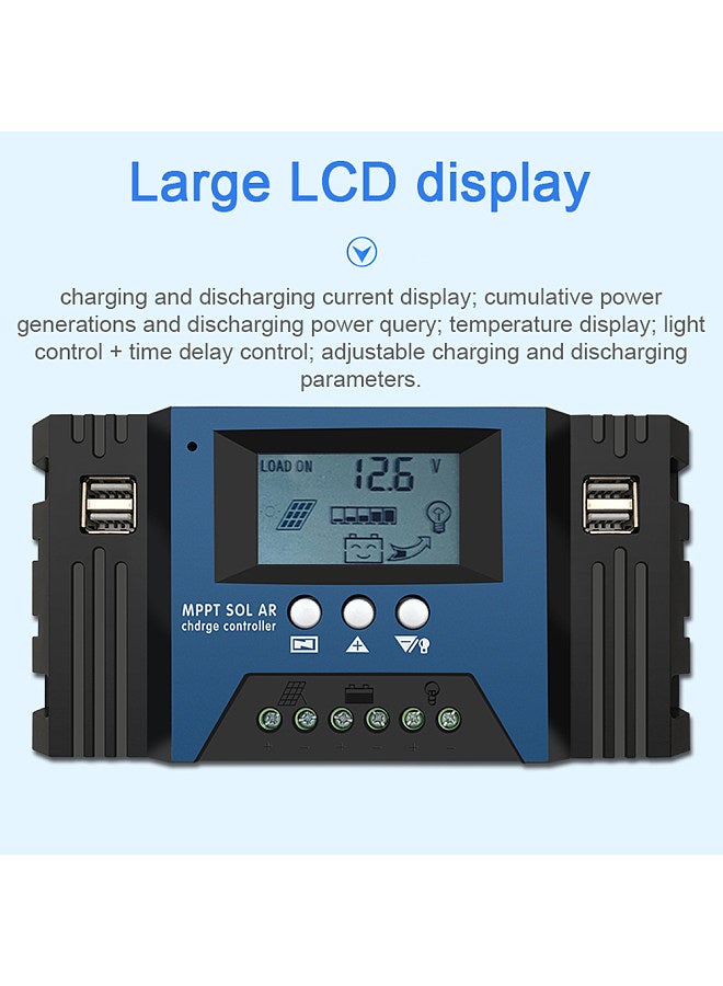 40A MPPT Solar Charge Controller 12/24V Auto Focus Solar Panel Controller Battery Intelligent Regulator with 4 USB Output Adjustable Parameter LCD Display Timer Setting