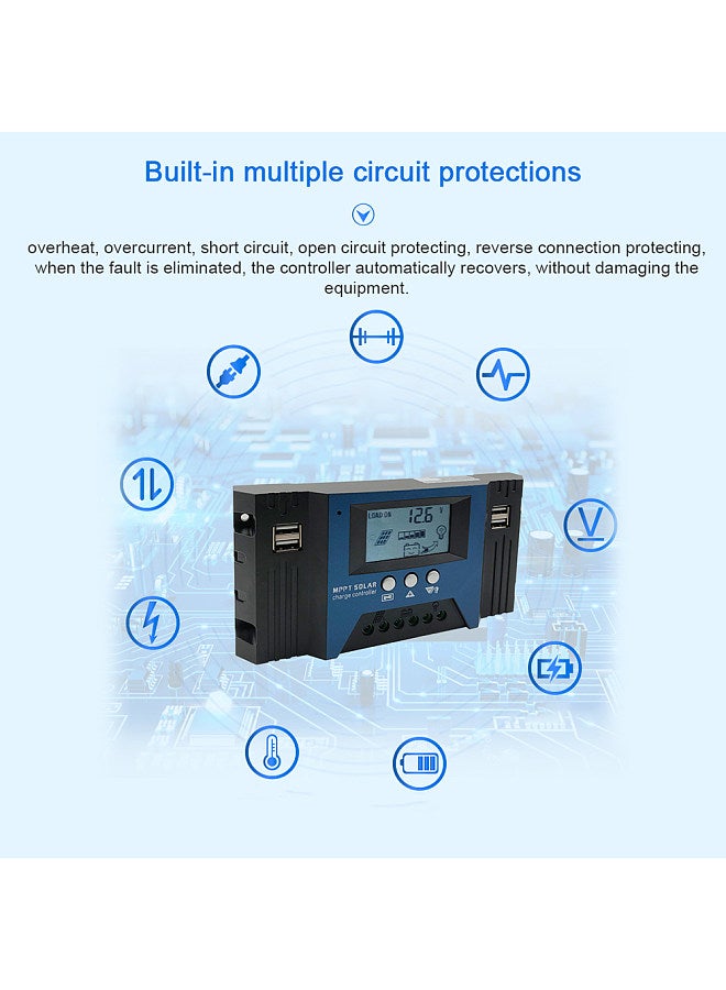 40A MPPT Solar Charge Controller 12/24V Auto Focus Solar Panel Controller Battery Intelligent Regulator with 4 USB Output Adjustable Parameter LCD Display Timer Setting
