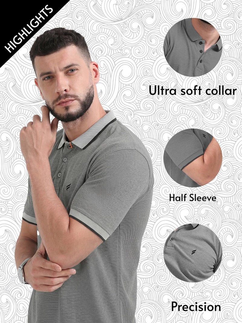 fanideaz Branded Mens Cotton Textured Half Sleeve Polo T-Shirt|| Branded Tshirt for Men || Tshirt for Men_Greymelange_9GM_XL - Image 2