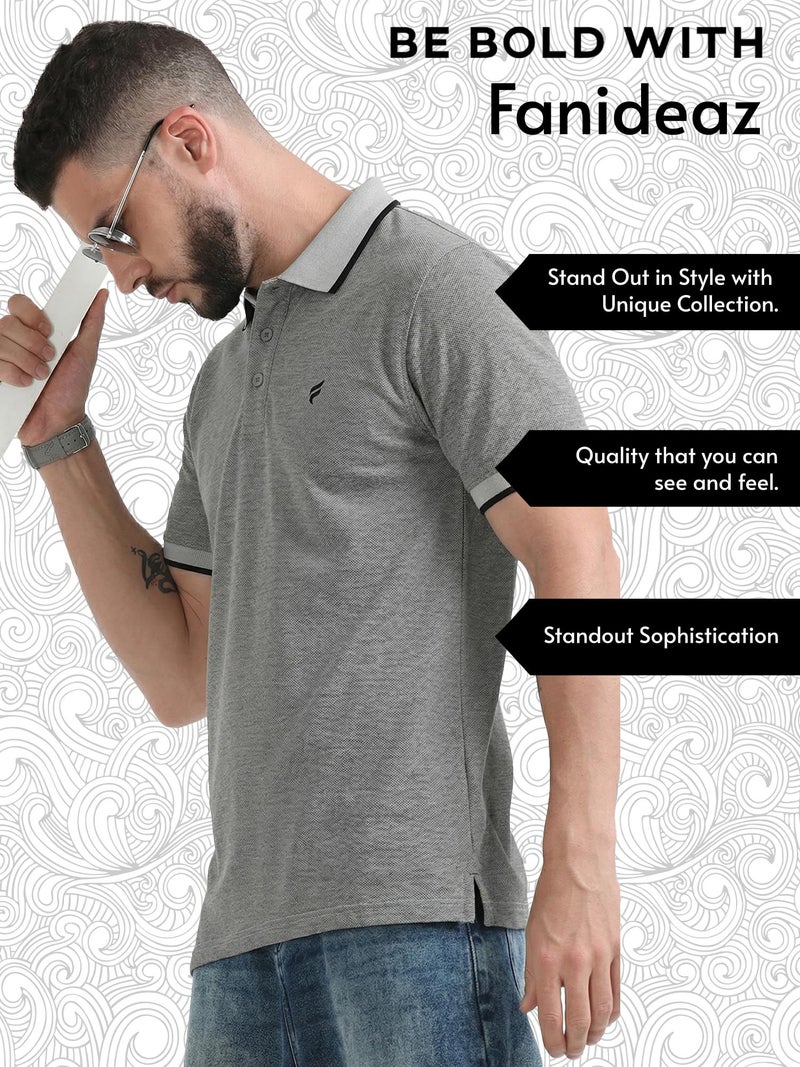 fanideaz Branded Mens Cotton Textured Half Sleeve Polo T-Shirt|| Branded Tshirt for Men || Tshirt for Men_Greymelange_9GM_XL - Image 3