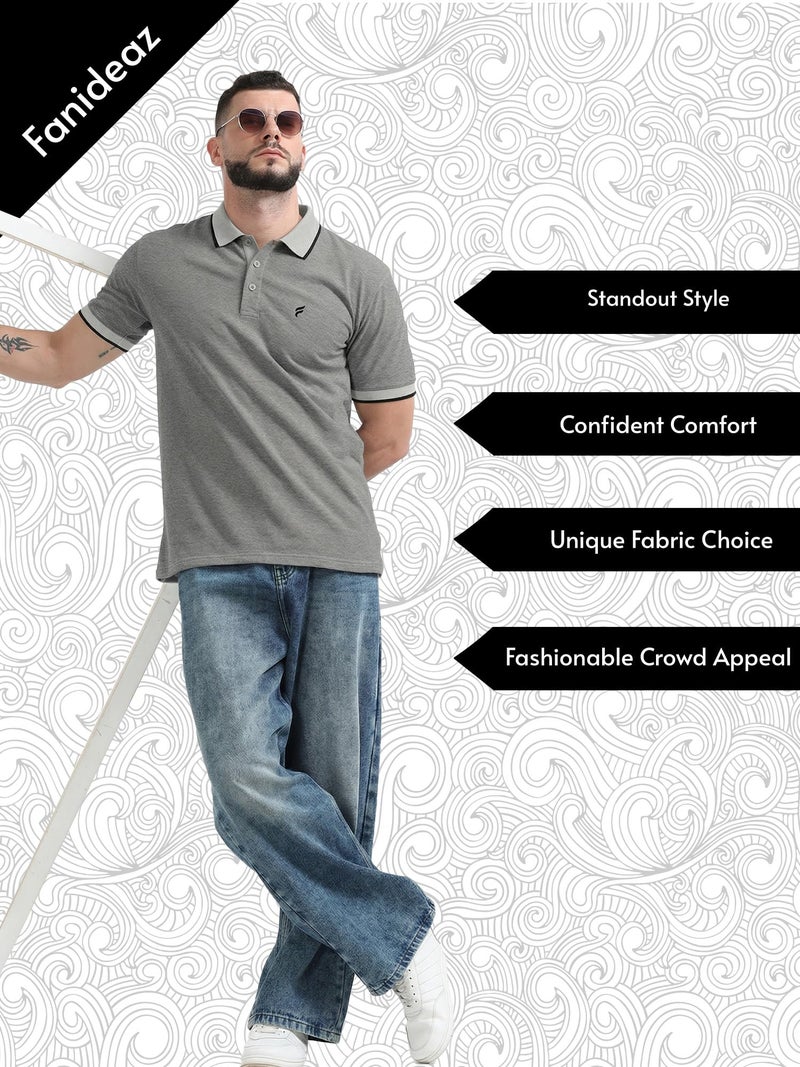 fanideaz Branded Mens Cotton Textured Half Sleeve Polo T-Shirt|| Branded Tshirt for Men || Tshirt for Men_Greymelange_9GM_XL - Image 4