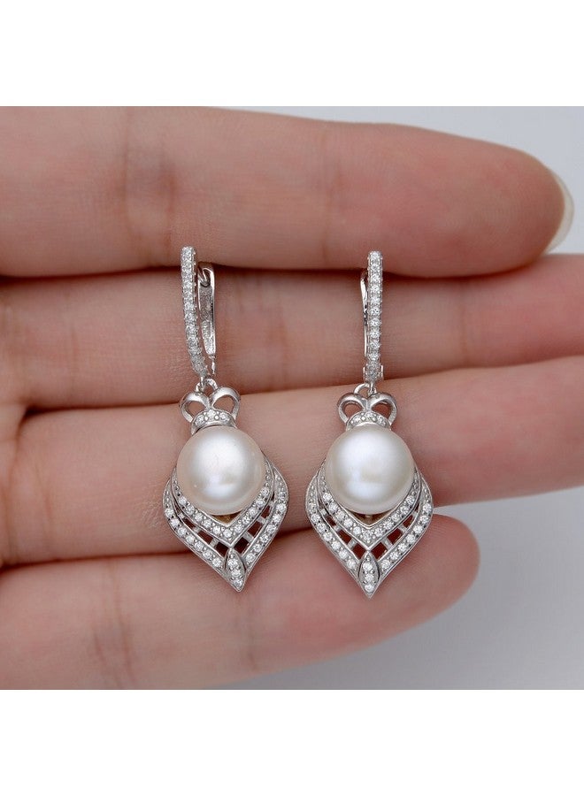 EVER FAITH Women'S 925 Sterling Silver Cz Aaa 9Mm Freshwater Cultured Pearl Elegant Floral Earrings Clear - Image 4