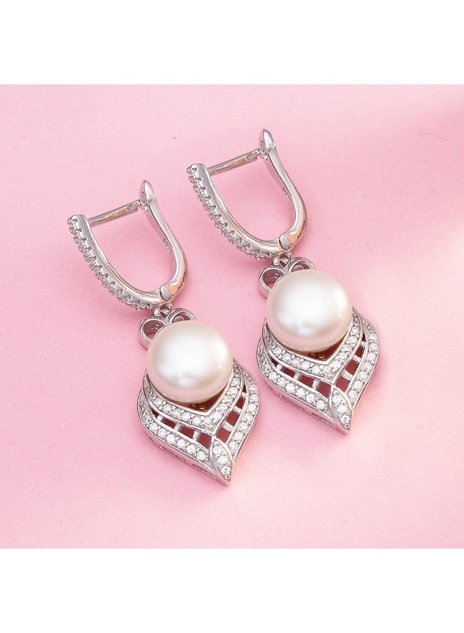 EVER FAITH Women'S 925 Sterling Silver Cz Aaa 9Mm Freshwater Cultured Pearl Elegant Floral Earrings Clear - Image 3