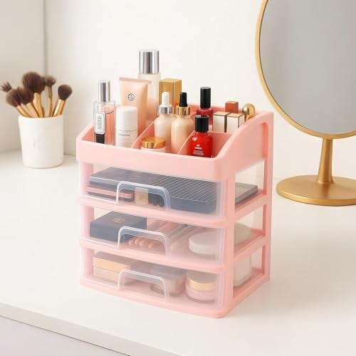 ALOXE Makeup Organisers & Storage Box | Space Saving Makeup Organizer Stand for Dressing Table & Skincare Storage (3-Tier Pink) - Image 1