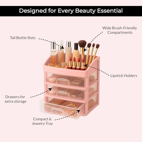 ALOXE Makeup Organisers & Storage Box | Space Saving Makeup Organizer Stand for Dressing Table & Skincare Storage (3-Tier Pink) - Image 4