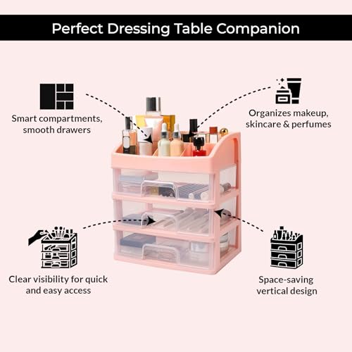 ALOXE Makeup Organisers & Storage Box | Space Saving Makeup Organizer Stand for Dressing Table & Skincare Storage (3-Tier Pink) - Image 3
