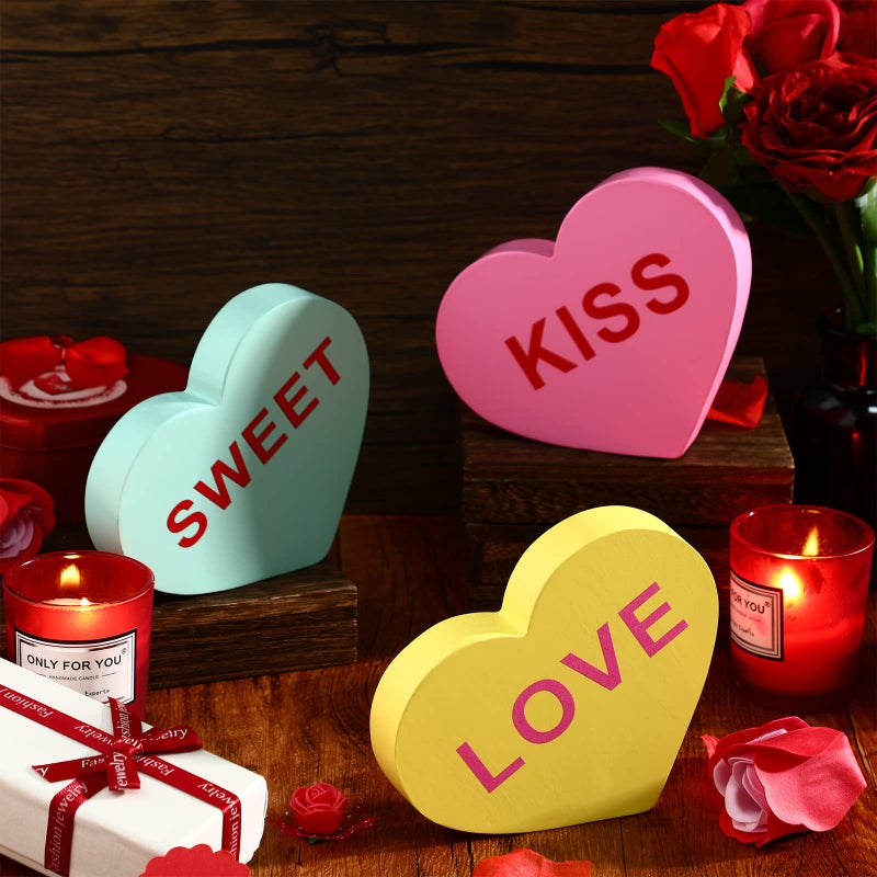 Qunclay 3 Pcs 5 Inch Large Valentine Conversation Heart Decorations for Home Valentines Heart Decor Signs Wooden Galentines Gifts Home Mantel Decor Table Blocks for Anniversary Wedding(Warm Style) - Image 5