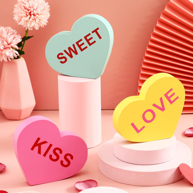 Qunclay 3 Pcs 5 Inch Large Valentine Conversation Heart Decorations for Home Valentines Heart Decor Signs Wooden Galentines Gifts Home Mantel Decor Table Blocks for Anniversary Wedding(Warm Style) - Image 1