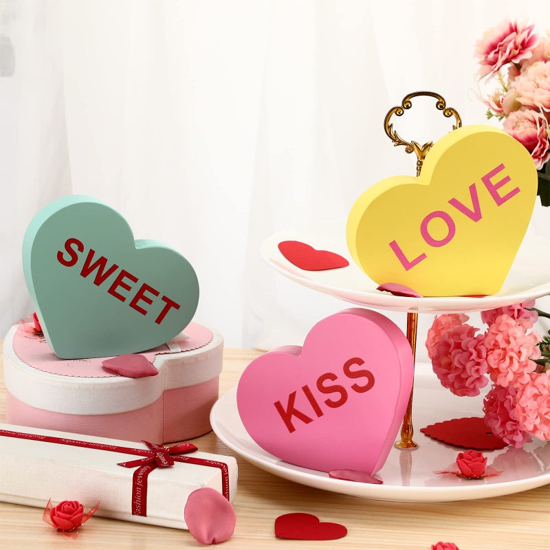 Qunclay 3 Pcs 5 Inch Large Valentine Conversation Heart Decorations for Home Valentines Heart Decor Signs Wooden Galentines Gifts Home Mantel Decor Table Blocks for Anniversary Wedding(Warm Style) - Image 2