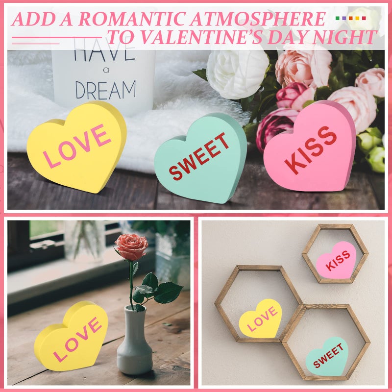 Qunclay 3 Pcs 5 Inch Large Valentine Conversation Heart Decorations for Home Valentines Heart Decor Signs Wooden Galentines Gifts Home Mantel Decor Table Blocks for Anniversary Wedding(Warm Style) - Image 4