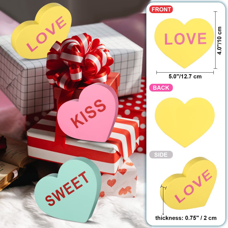 Qunclay 3 Pcs 5 Inch Large Valentine Conversation Heart Decorations for Home Valentines Heart Decor Signs Wooden Galentines Gifts Home Mantel Decor Table Blocks for Anniversary Wedding(Warm Style) - Image 3