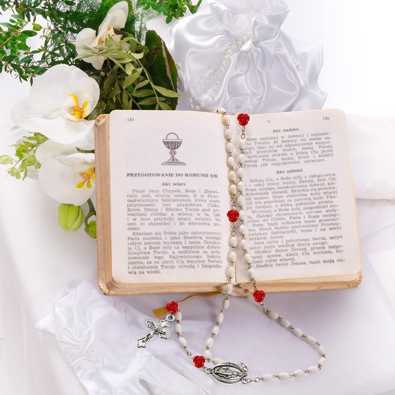 Sureio 140 قطعة من مستلزمات صنع المسبحة خرز مزخرف على شكل وردة طقم خرز زهور مركز صليب ميدالية صليب فضية تمثال يسوع مريم لتعليق الأساور والقلائد باللون الأحمر - Image 3