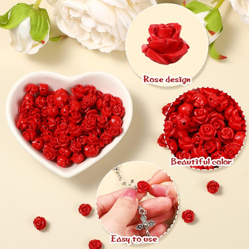 Sureio 140 قطعة من مستلزمات صنع المسبحة خرز مزخرف على شكل وردة طقم خرز زهور مركز صليب ميدالية صليب فضية تمثال يسوع مريم لتعليق الأساور والقلائد باللون الأحمر - Image 2