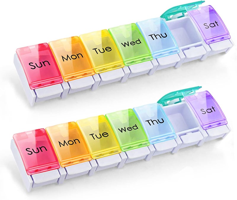 2 PCS Weekly Pill Organizer Arthritis Friendly Travel 7 Day Pill Box Vitamin Case with Spring Open Design and Storage Case Large Compartment to Hold Vitamins, Fish Oil, Supplements and Medication