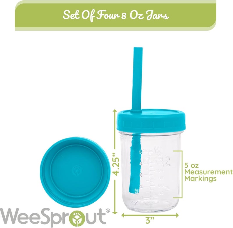 WeeSprout أكواب زجاجية من وي سبراوت مع أغطية وشفاطات مقاومة للتسرب لجرار السموذي للأطفال والرضع لتخزين الطعام وعلب الوجبات الخفيفة XL مع شفافات سيليكون وأكمام سهلة الإمساك مجموعة من أربعة آمنة في غسالة الصحون - Image 2