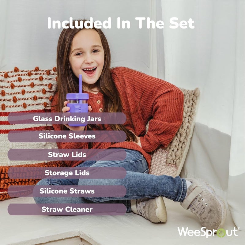 WeeSprout أكواب زجاجية من وي سبراوت مع أغطية وشفاطات مقاومة للتسرب لجرار السموذي للأطفال والرضع لتخزين الطعام وعلب الوجبات الخفيفة XL مع شفافات سيليكون وأكمام سهلة الإمساك مجموعة من أربعة آمنة في غسالة الصحون - Image 4