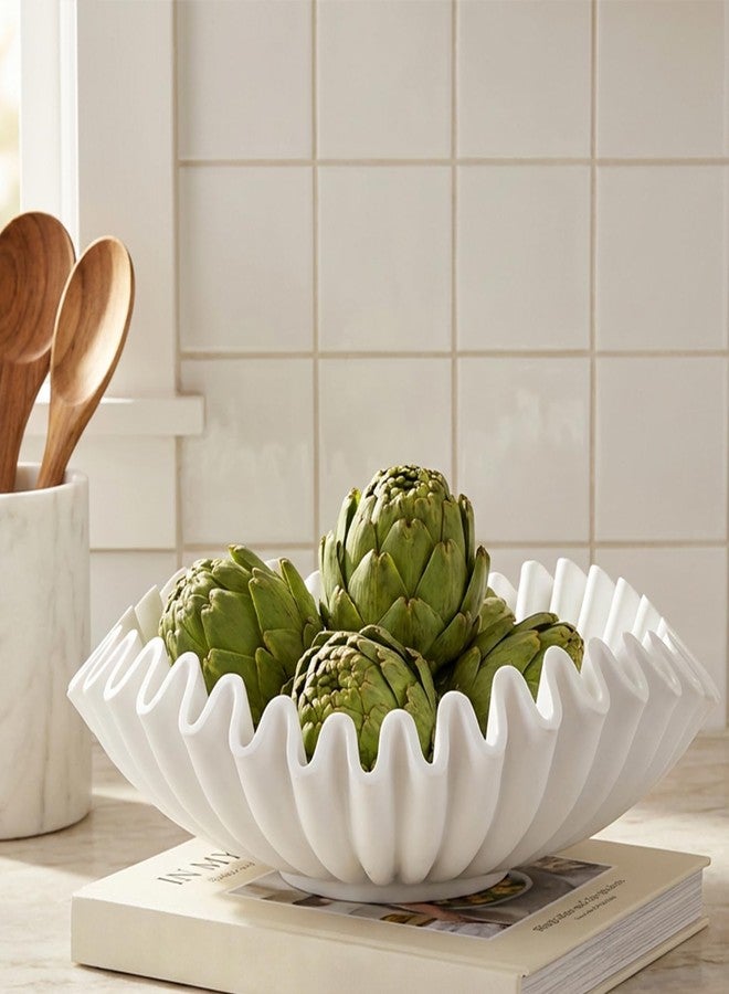 FESTGLOX White Decorative Bowl, Modern Handicraft Ruffle Key Bowls for Living Entryway Table, Decorative Fruit Bowl for Kitchen Counter, Coffee Tables - Image 1