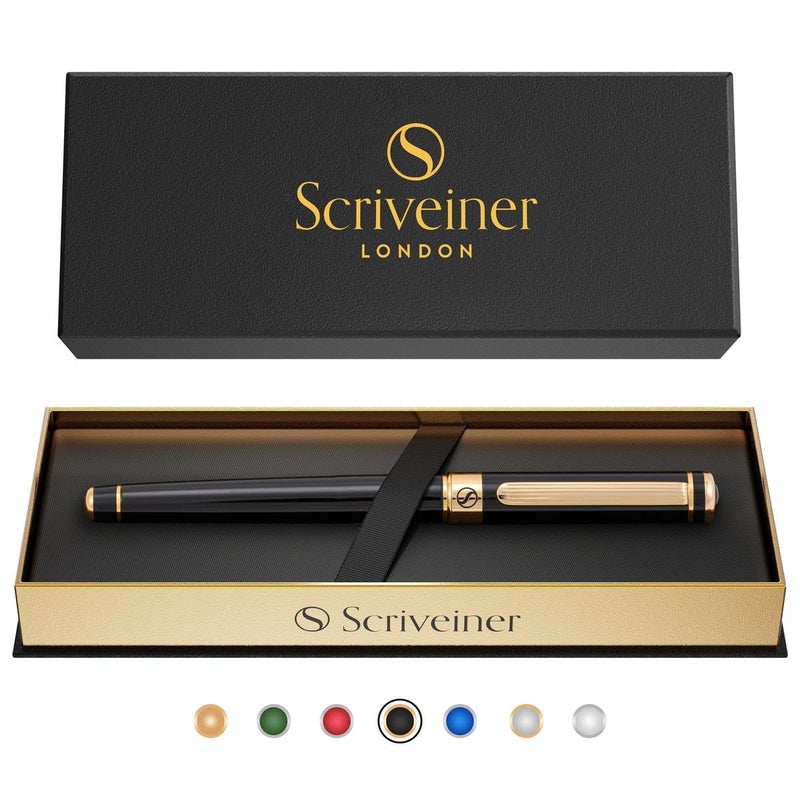 Scriveiner Black Lacquer Rollerball Pen - Stunning Luxury Pen, Real Gold Plating, Schmidt Ink Refill, Best Roller Ball Gift Set for Men & Women, Professional, Executive Office, Nice Pens - Image 1