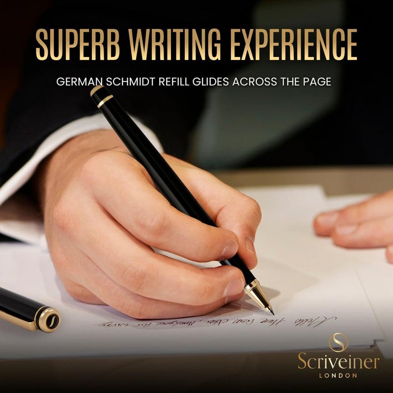 Scriveiner Black Lacquer Rollerball Pen - Stunning Luxury Pen, Real Gold Plating, Schmidt Ink Refill, Best Roller Ball Gift Set for Men & Women, Professional, Executive Office, Nice Pens - Image 3