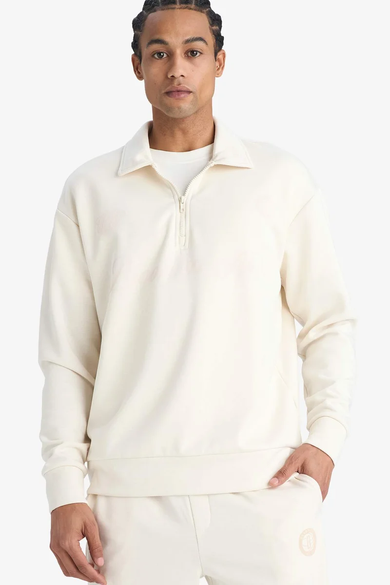 ديفاكتو Relax Fit Polo Neck Half Zippered Modal Sweatshirt