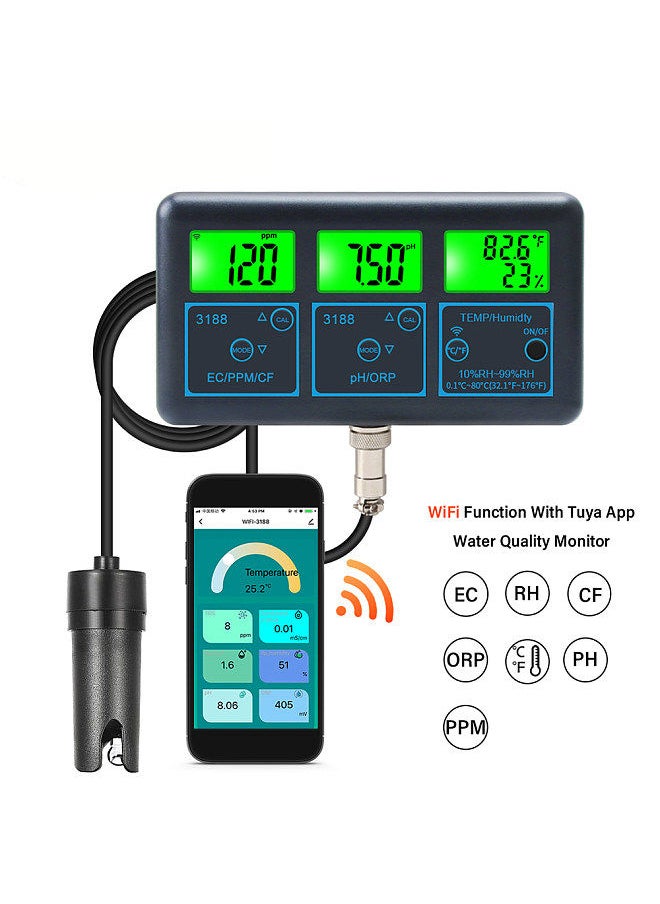Generic - Tuya WiFi 7in1 Water Quality Tester Multi-Parameter Water Analyzer Digital Display PH/ORP/EC/PPM/CF/Humidity/Temperature Monitoring Meter for Drinking Water Aquarium Aquaculture Swimming Pool - Image 1
