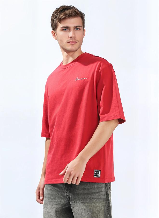 Hubberholme Men's Red 100% Cotton Solid Oversized T-Shirt - Image 3