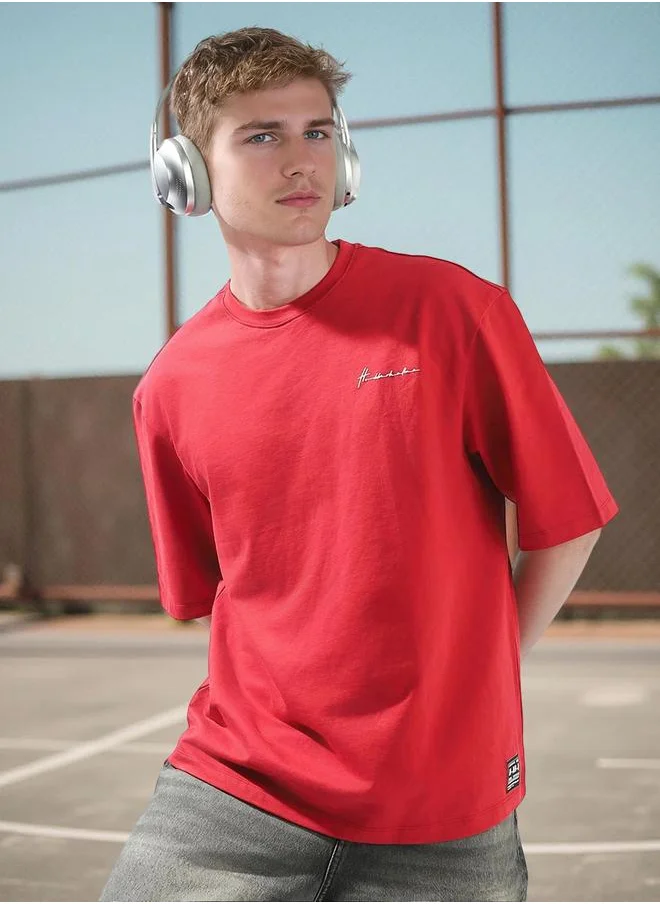 Hubberholme Men's Red 100% Cotton Solid Oversized T-Shirt