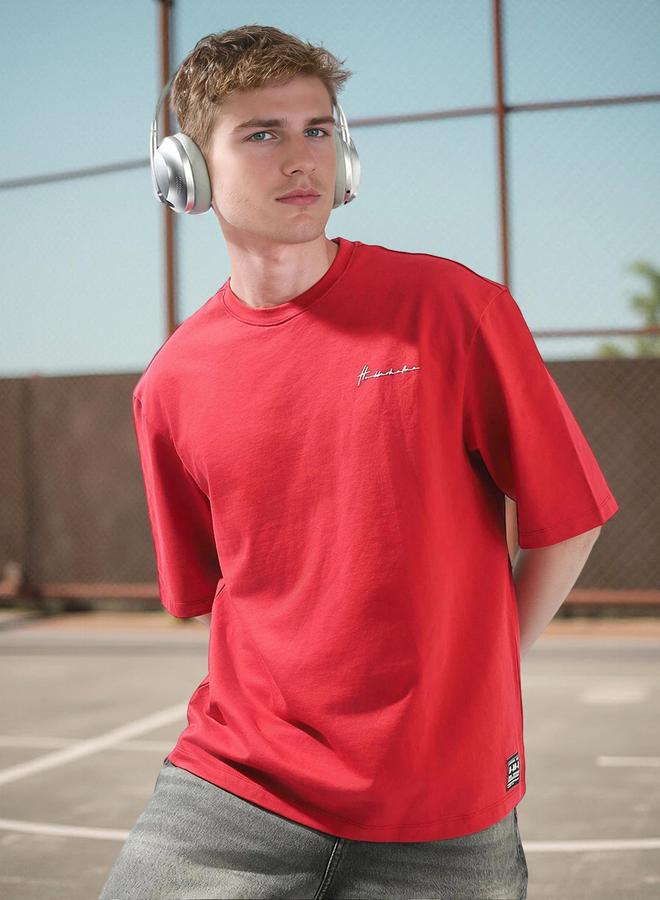 Hubberholme Men's Red 100% Cotton Solid Oversized T-Shirt - Image 2