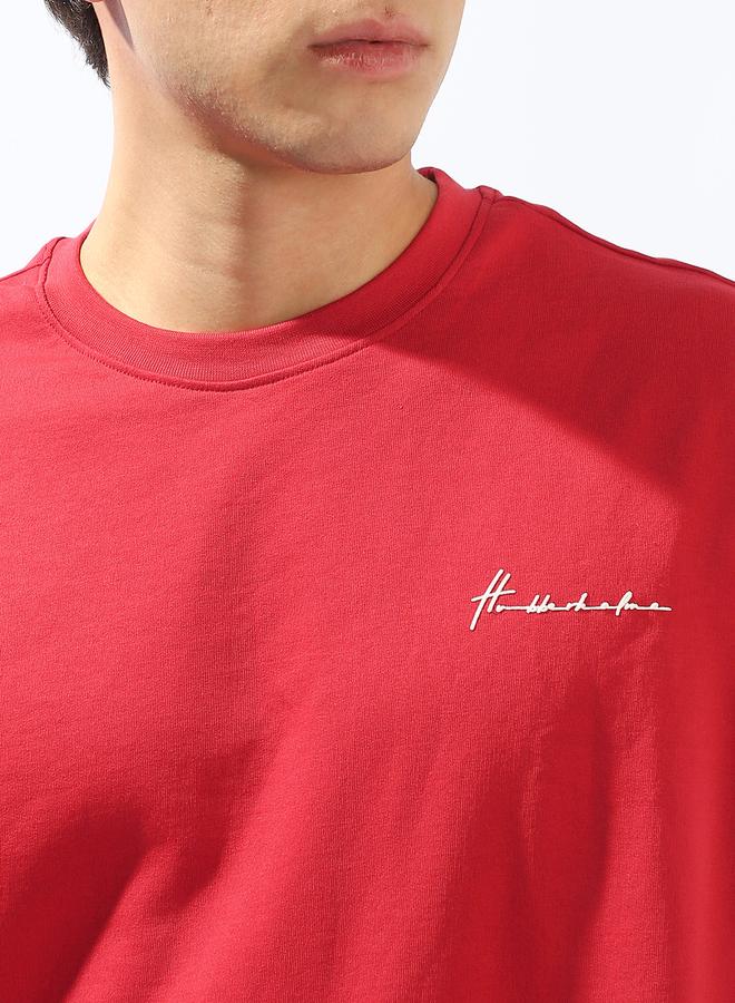 Hubberholme Men's Red 100% Cotton Solid Oversized T-Shirt - Image 5