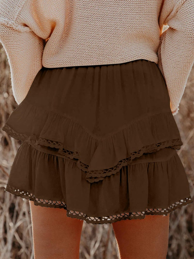 Aoudery Flowy Shorts for Women Casual Boho Ruffle Tiered Skorts High Waist Mini Skirts Golf Tennis Butterfly Crochet Shorts - Chocolate Brown S - Image 2